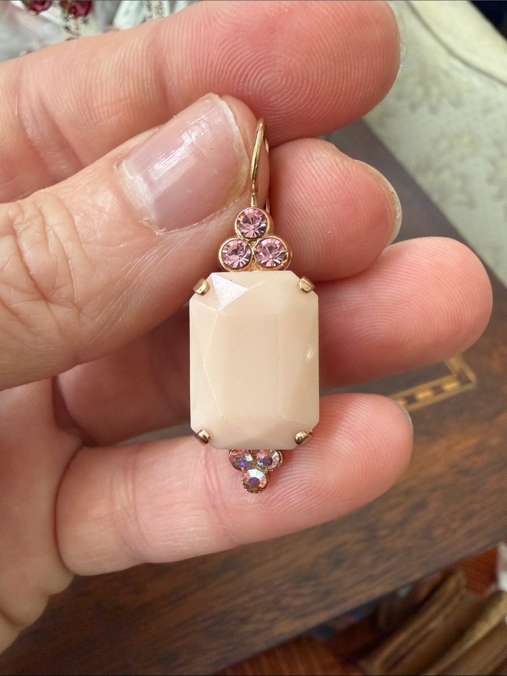 Vintage Mariana Rosy Cream Opaque Stone and Pink Crystal Drop Earrings
